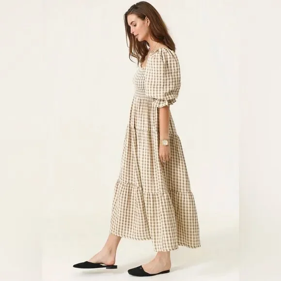 Nothing Fits But Kiko Midi Dress in Taupe Gingham M NWOT - Picture 2 of 13